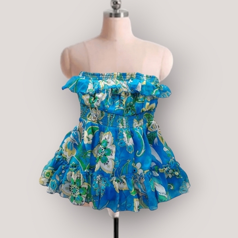 100٪ Silk Vintage Y2K Silk BEBE Pleated Paisley Jacquard Strapless Flutter Top
